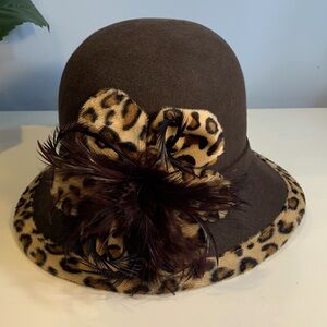 Vintage Leopard Trim Wool Bucket Hat With Leopard / Feather Accent NEW!